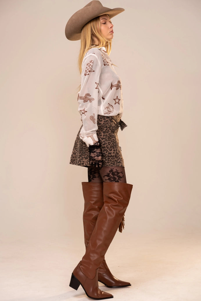 Chiffon Western Print Button-Up Blouse