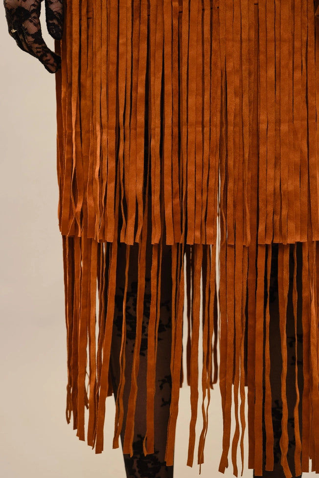 Suede V-Neck Fringe Tiered Dress