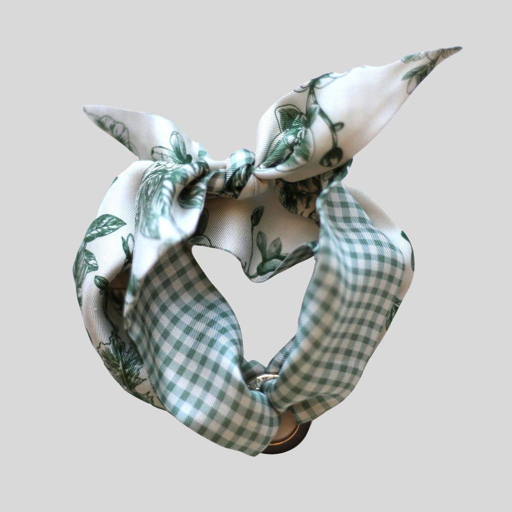 Sage Moss Floral Gingham Silk Twilly Scarf