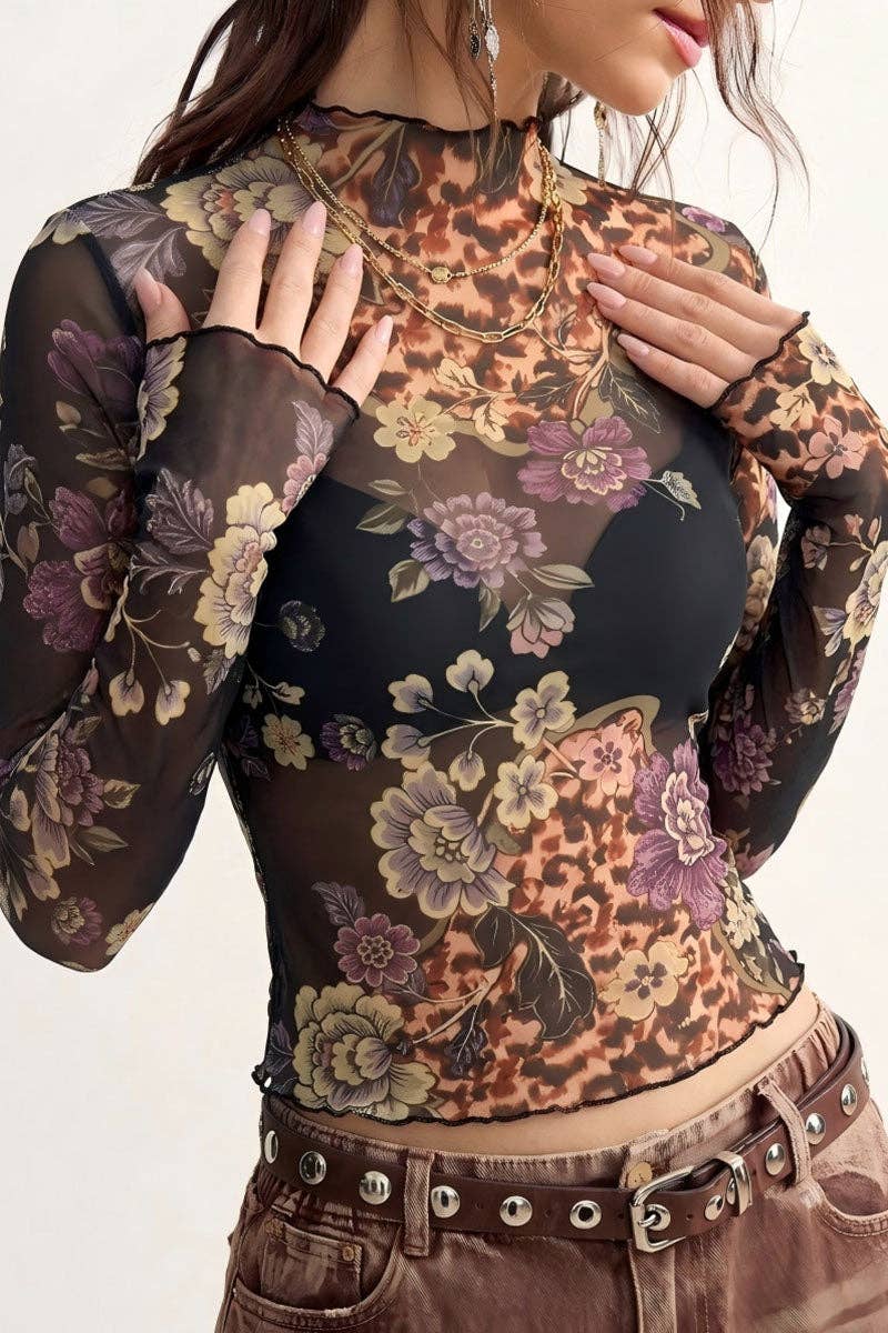 Mesh Floral and Leopard Mock Neck Blouse