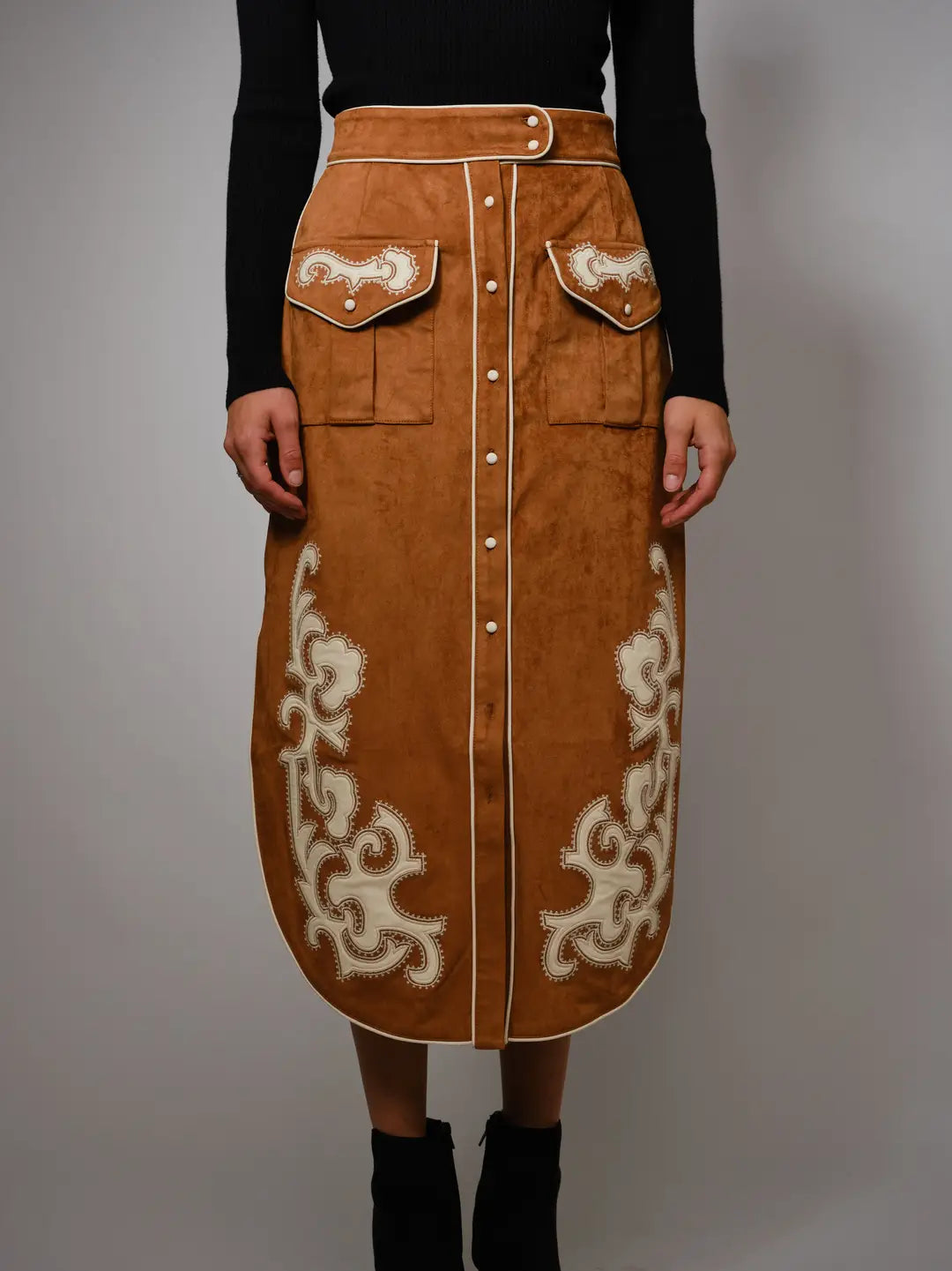 Suede Embroidered Patch Midi Skirt
