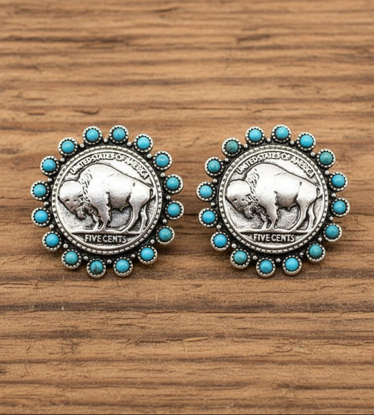 Buffalo Nickel with Turquoise Stones Earrings