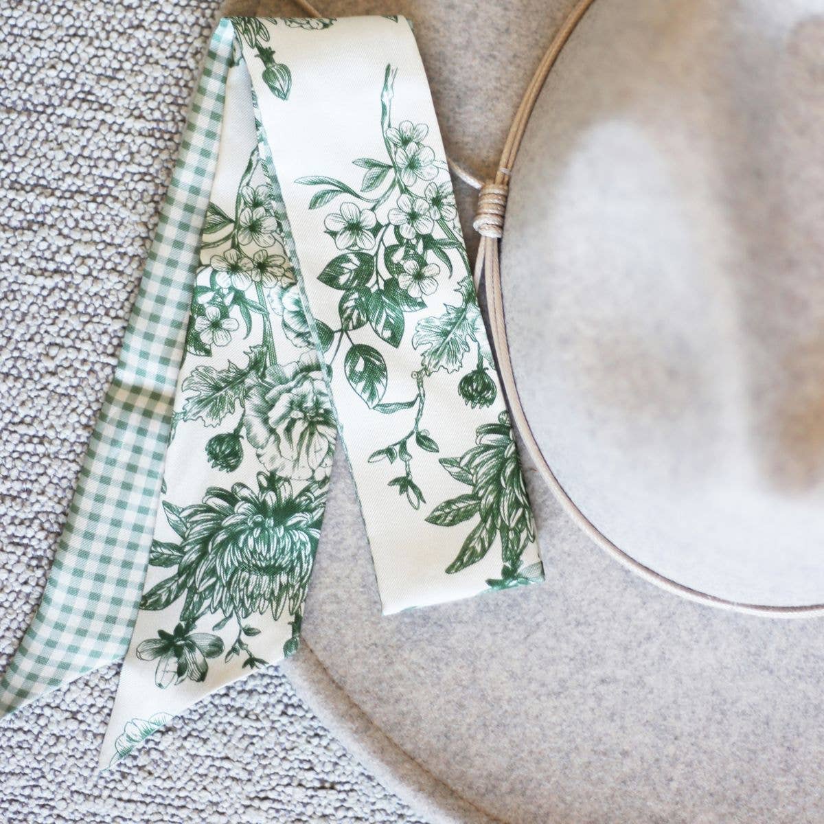 Sage Moss Floral Gingham Silk Twilly Scarf