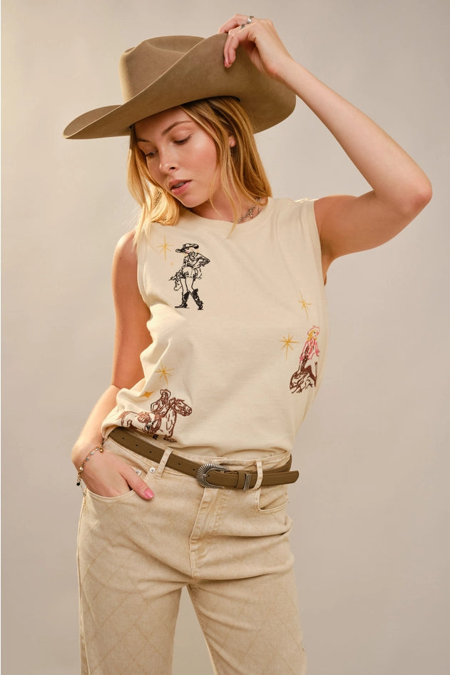 Western Motif Embroidered Sleeveless Top