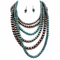 Faux Turquoise, Copper and Silver Bead Five Layer Necklace and Earrings Set