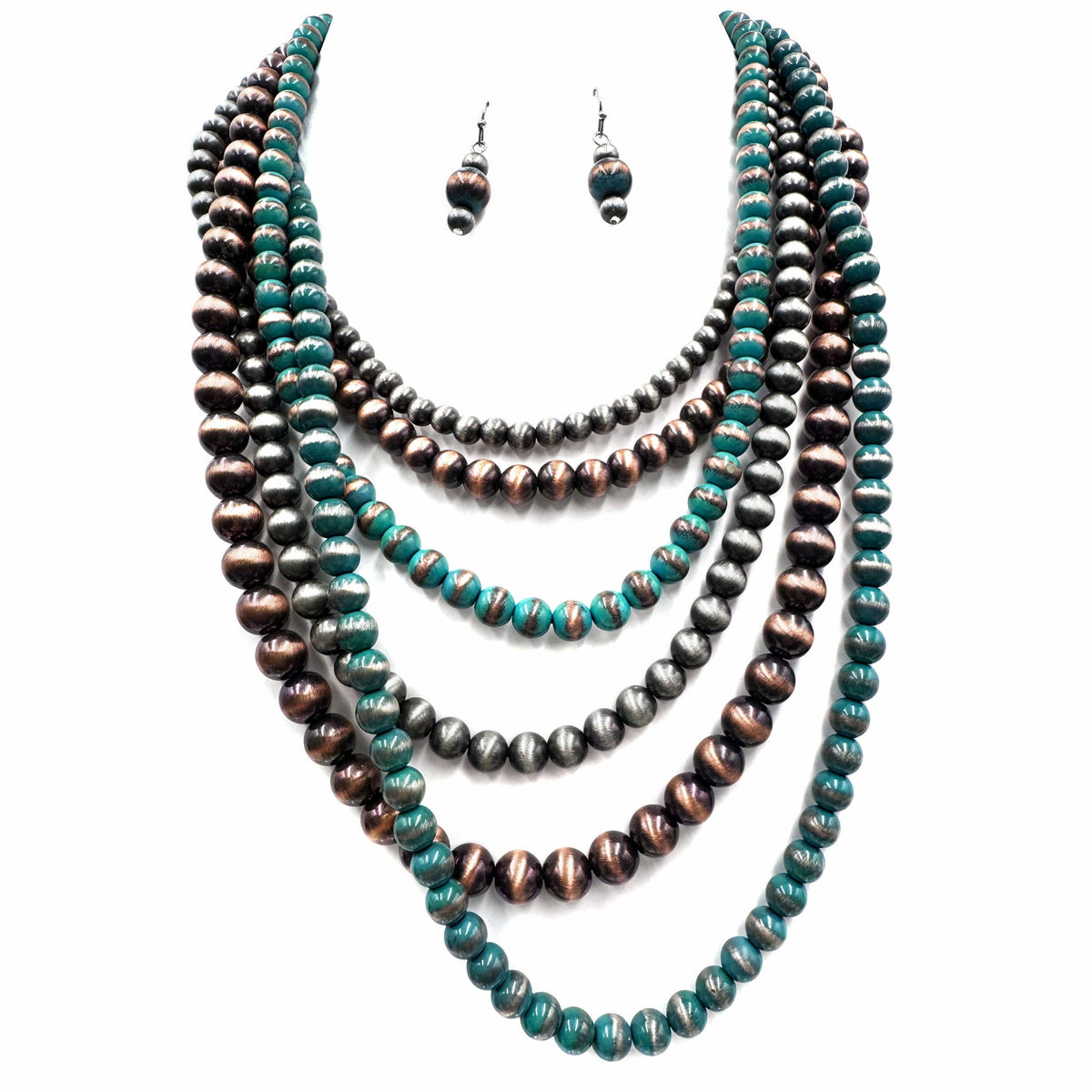 Faux Turquoise, Copper and Silver Bead Five Layer Necklace and Earrings Set