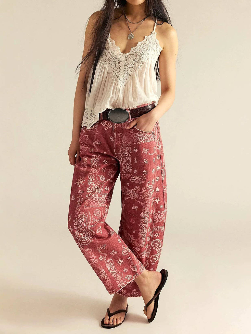 Western Barrel Leg Vintage Bandana Print Jeans