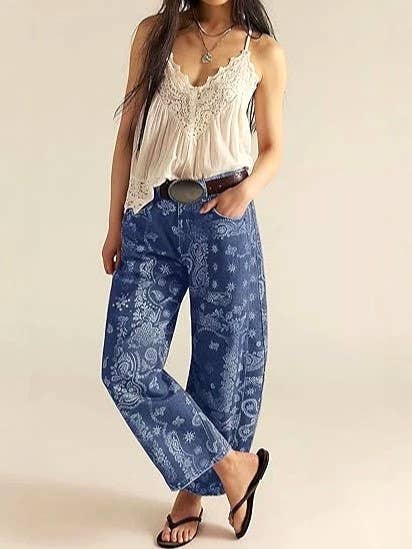Western Barrel Leg Vintage Bandana Print Jeans