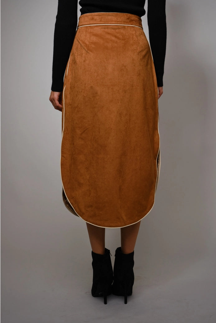 Suede Embroidered Patch Midi Skirt