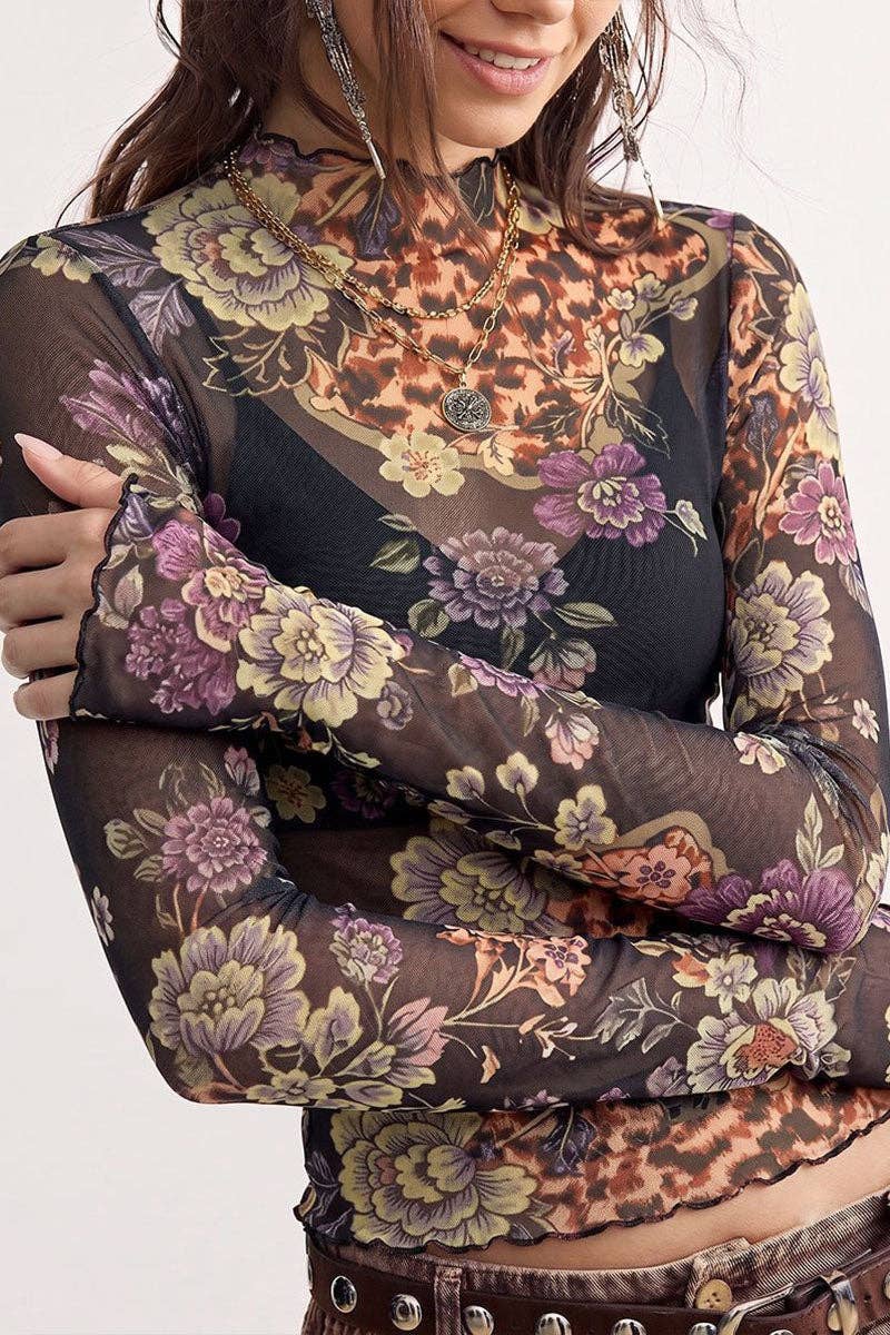 Mesh Floral and Leopard Mock Neck Blouse