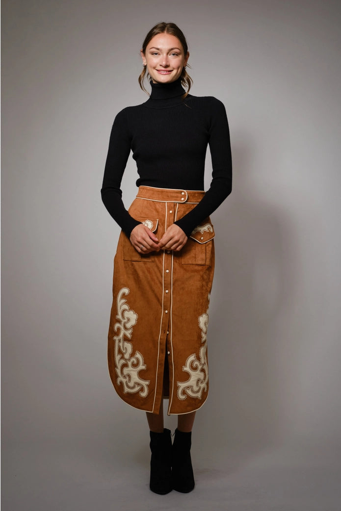 Suede Embroidered Patch Midi Skirt
