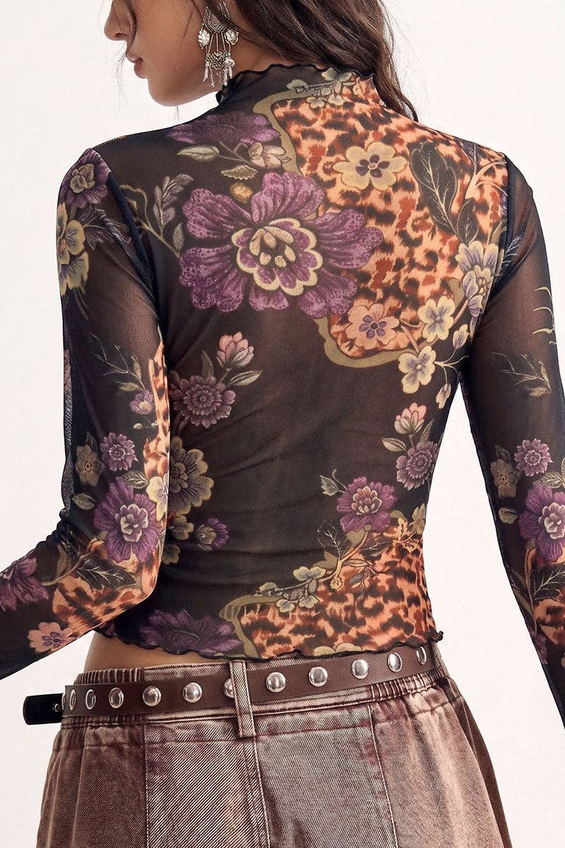 Mesh Floral and Leopard Mock Neck Blouse