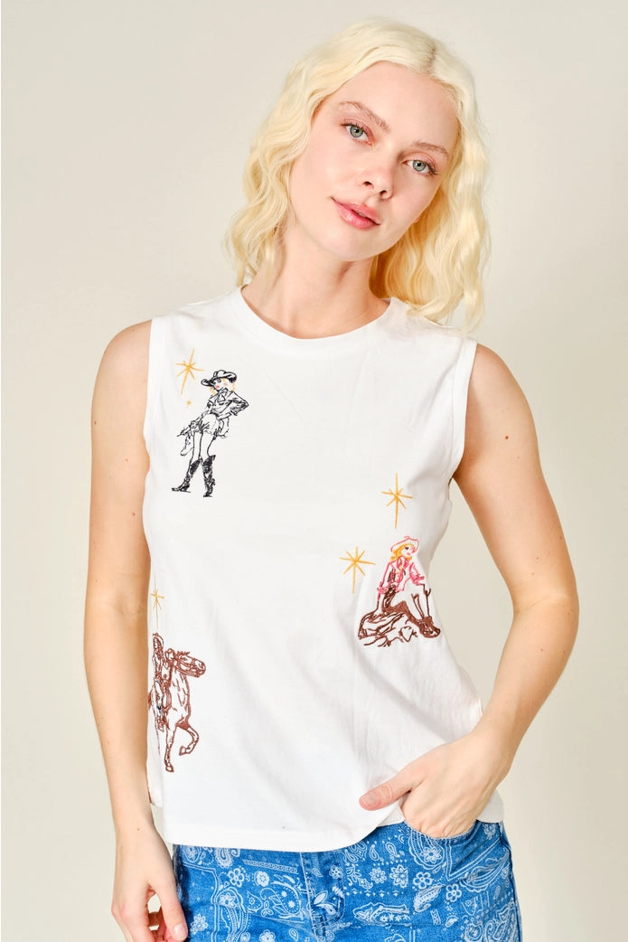 Western Motif Embroidered Sleeveless Top