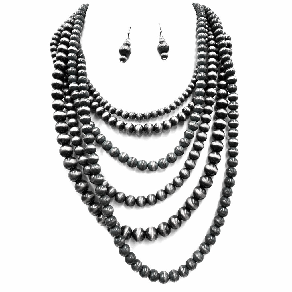 Faux Turquoise, Copper and Silver Bead Five Layer Necklace and Earrings Set