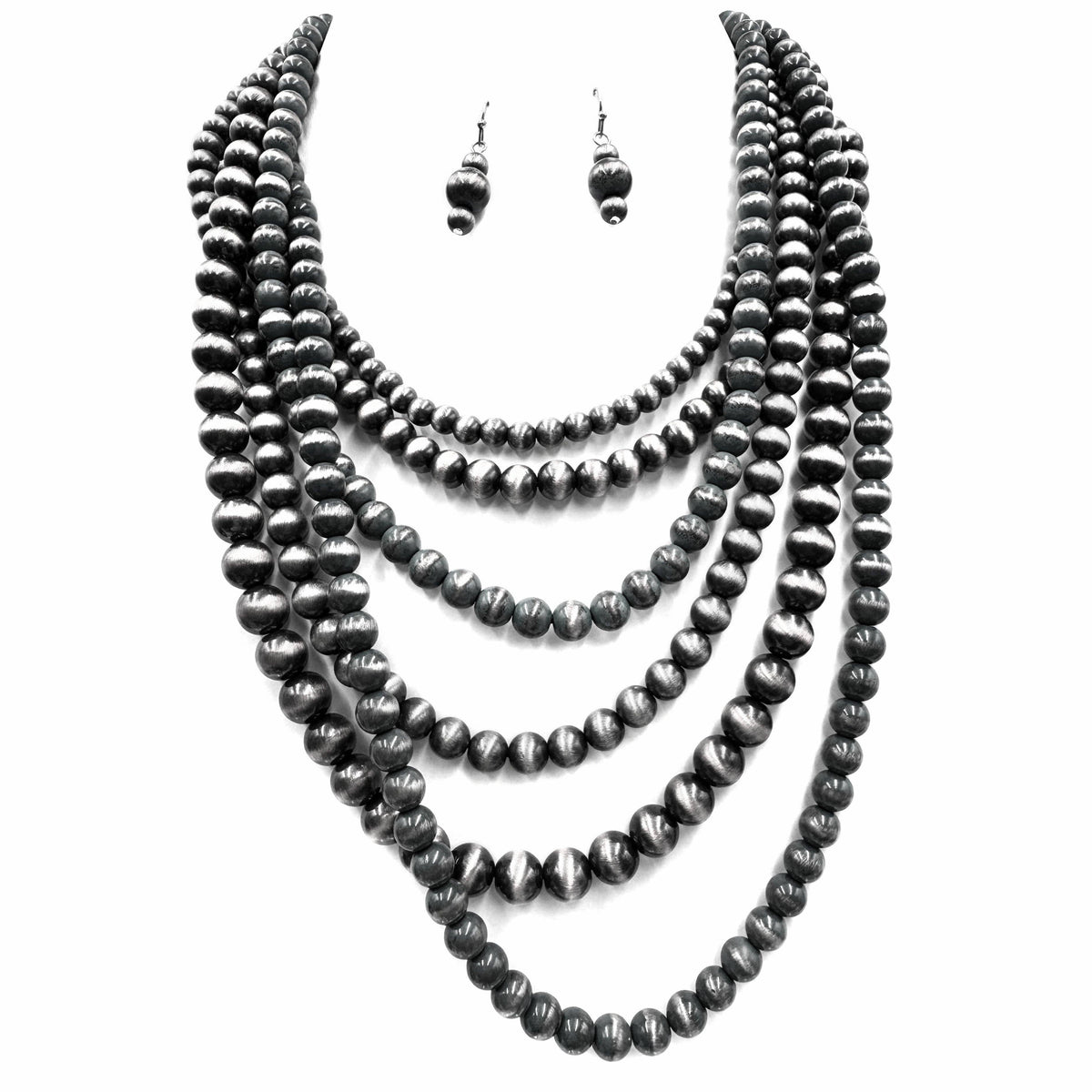 Faux Turquoise, Copper and Silver Bead Five Layer Necklace and Earrings Set