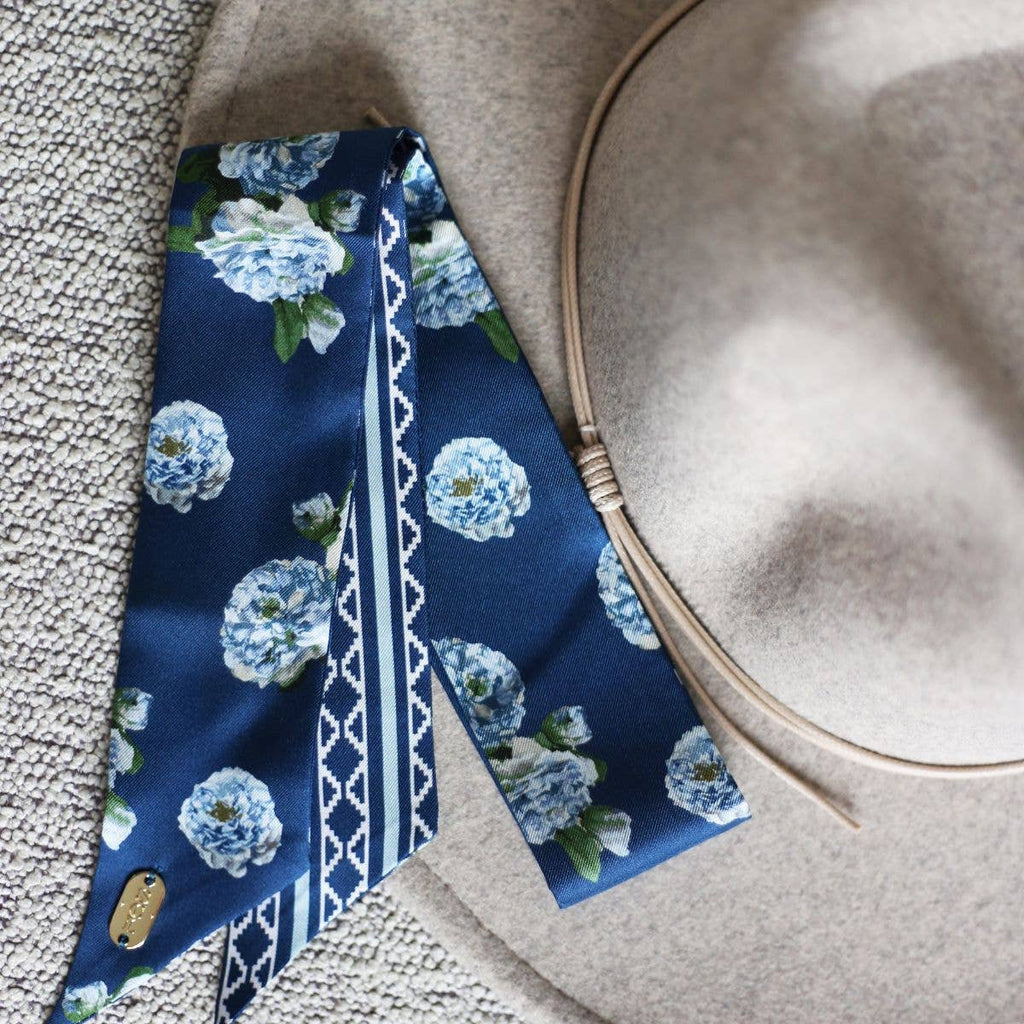 Navy Aztec Floral Silk Twilly Scarf