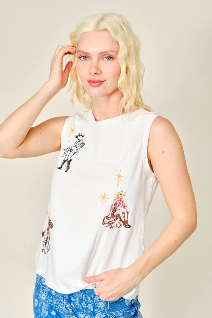 Western Motif Embroidered Sleeveless Top