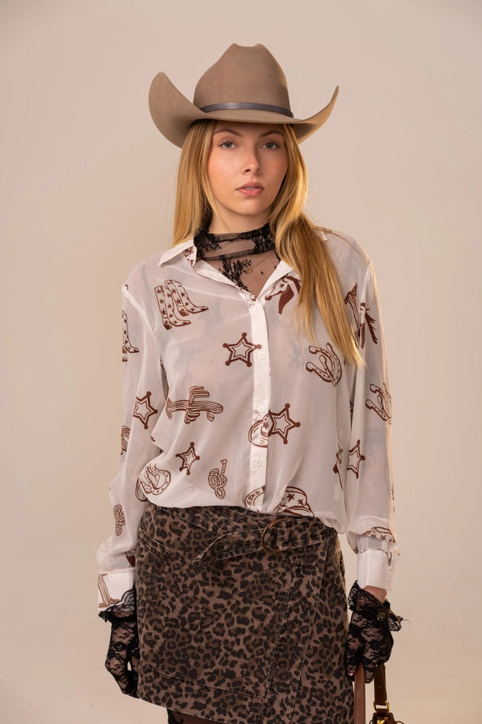 Chiffon Western Print Button-Up Blouse