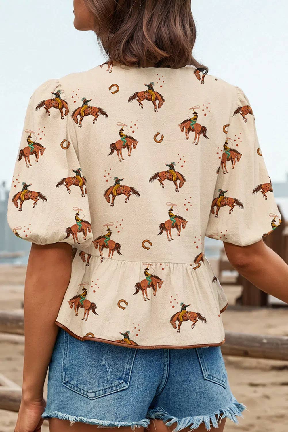 Western Cowboy Print Puff Sleeve Bowknot Babydoll Blouse