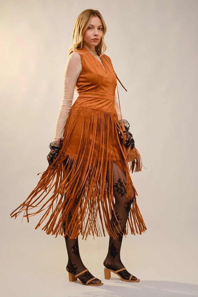 Suede V-Neck Fringe Tiered Dress