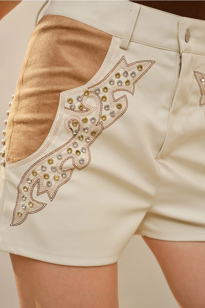 Faux Leather Rhinestone and Pearl Stud Shorts