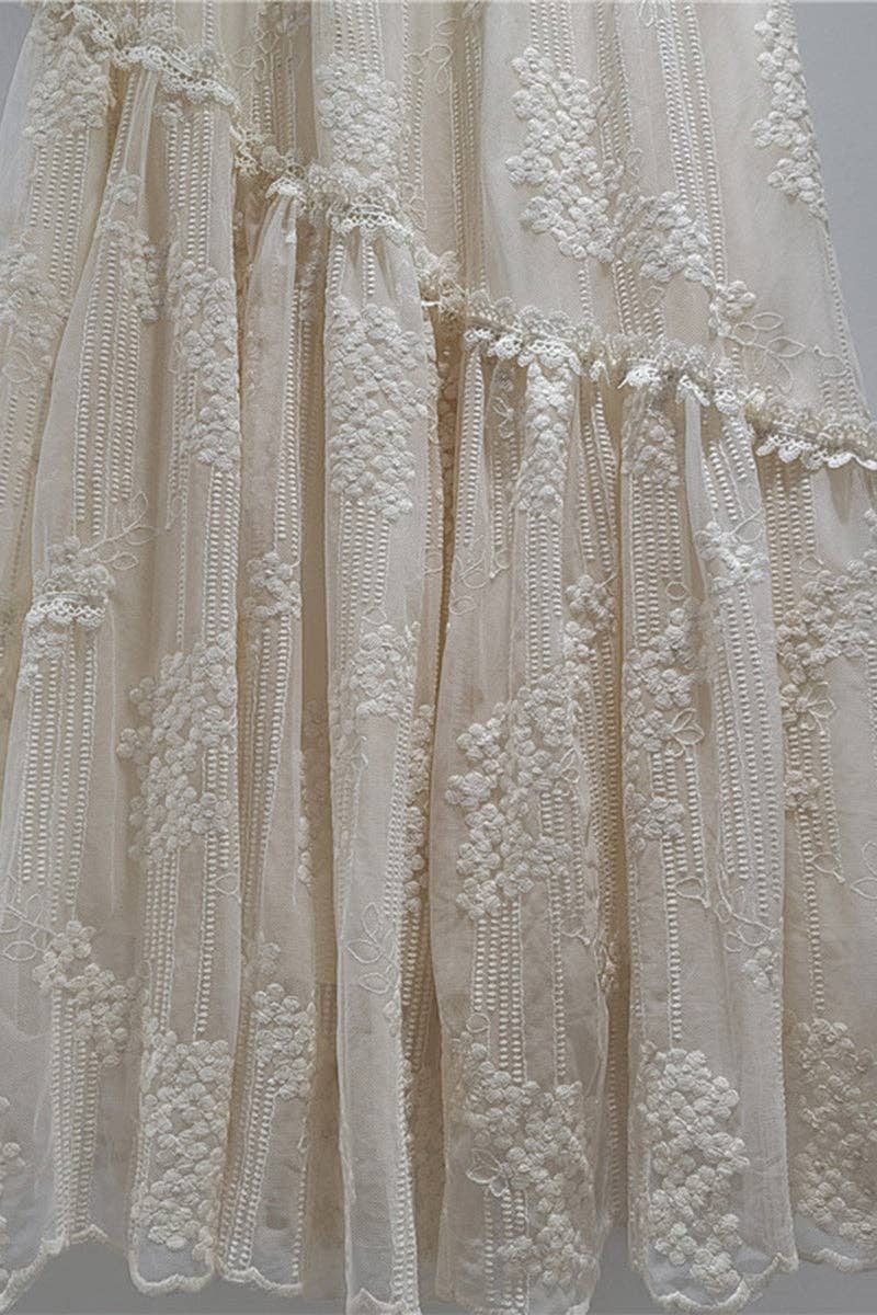 Embroidery and Lace Tiered Maxi Skirt