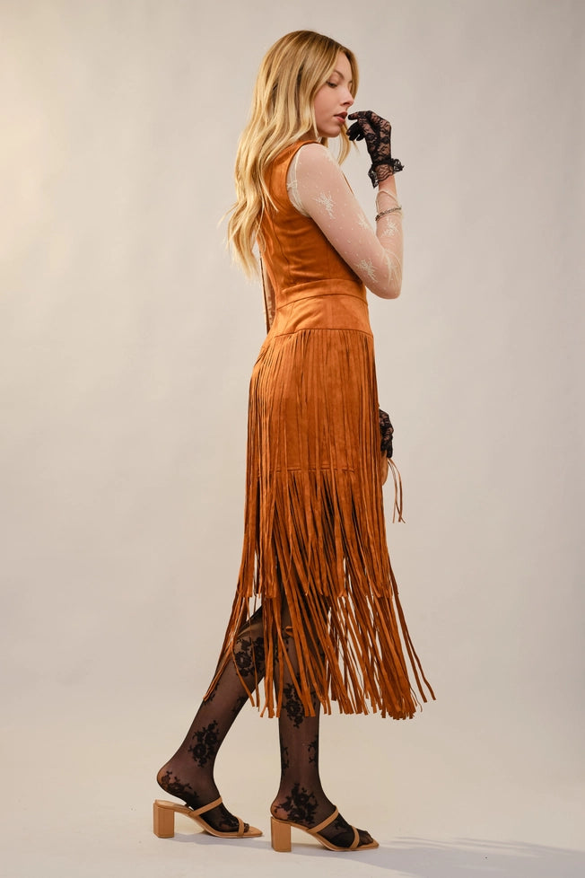 Suede V-Neck Fringe Tiered Dress