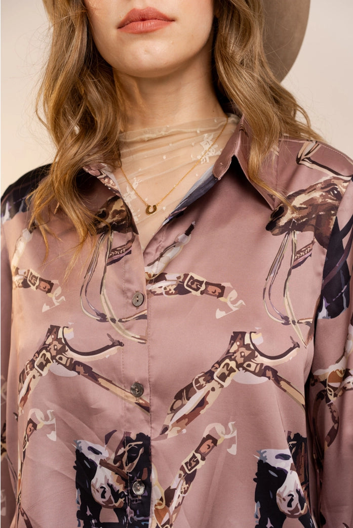 Satin Western Vintage Print Shirt