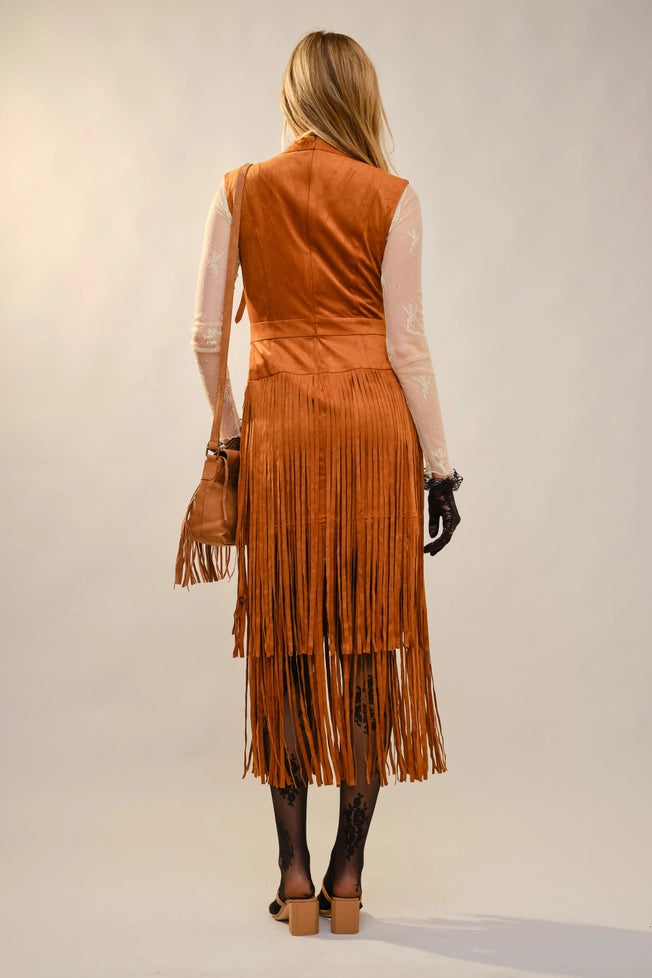 Suede V-Neck Fringe Tiered Dress