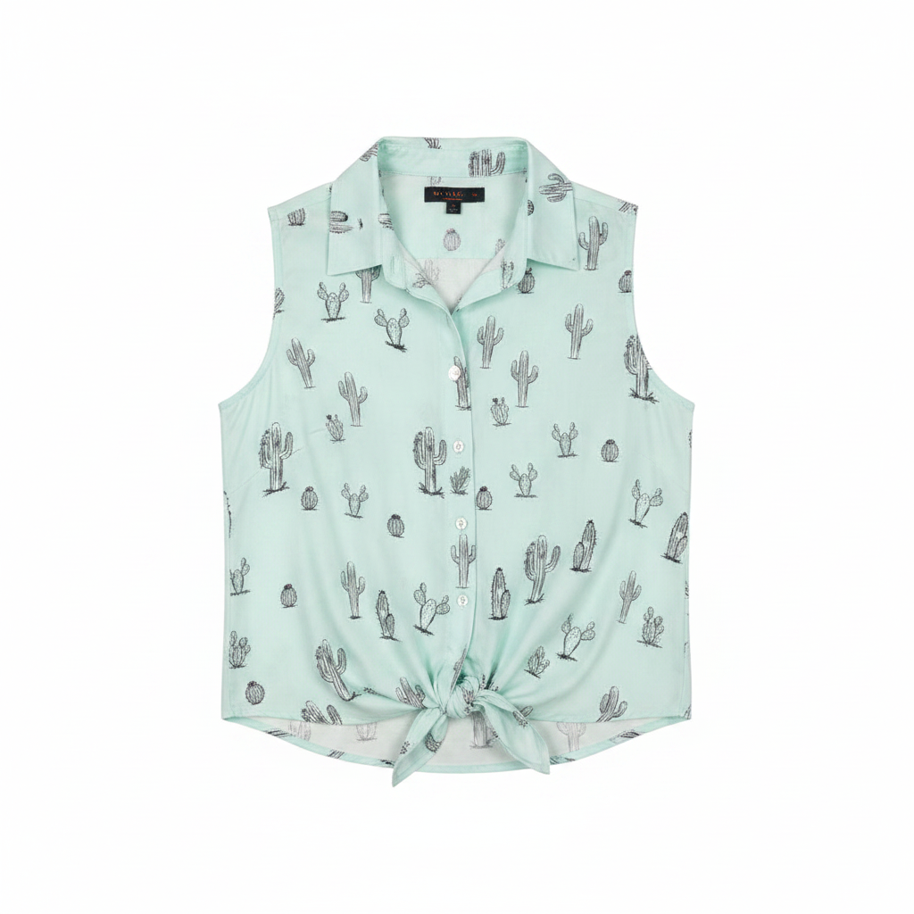 Mint Cactus Tie Front Sleeveless Top