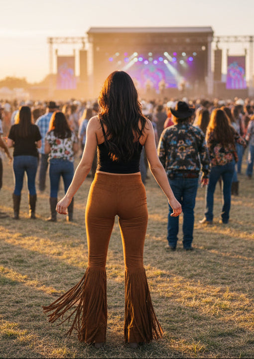 Person wearing a black top and brown flared pants at a music festival.