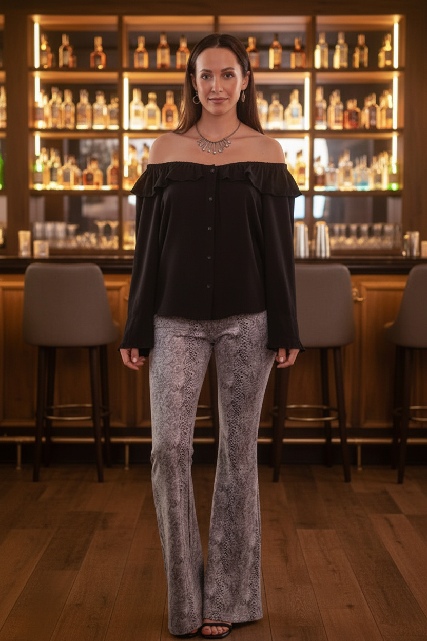 Snake Skin Print Bell Bottom Pant