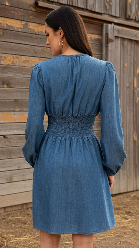 Peplum Lace Up Dress in Denim Blue