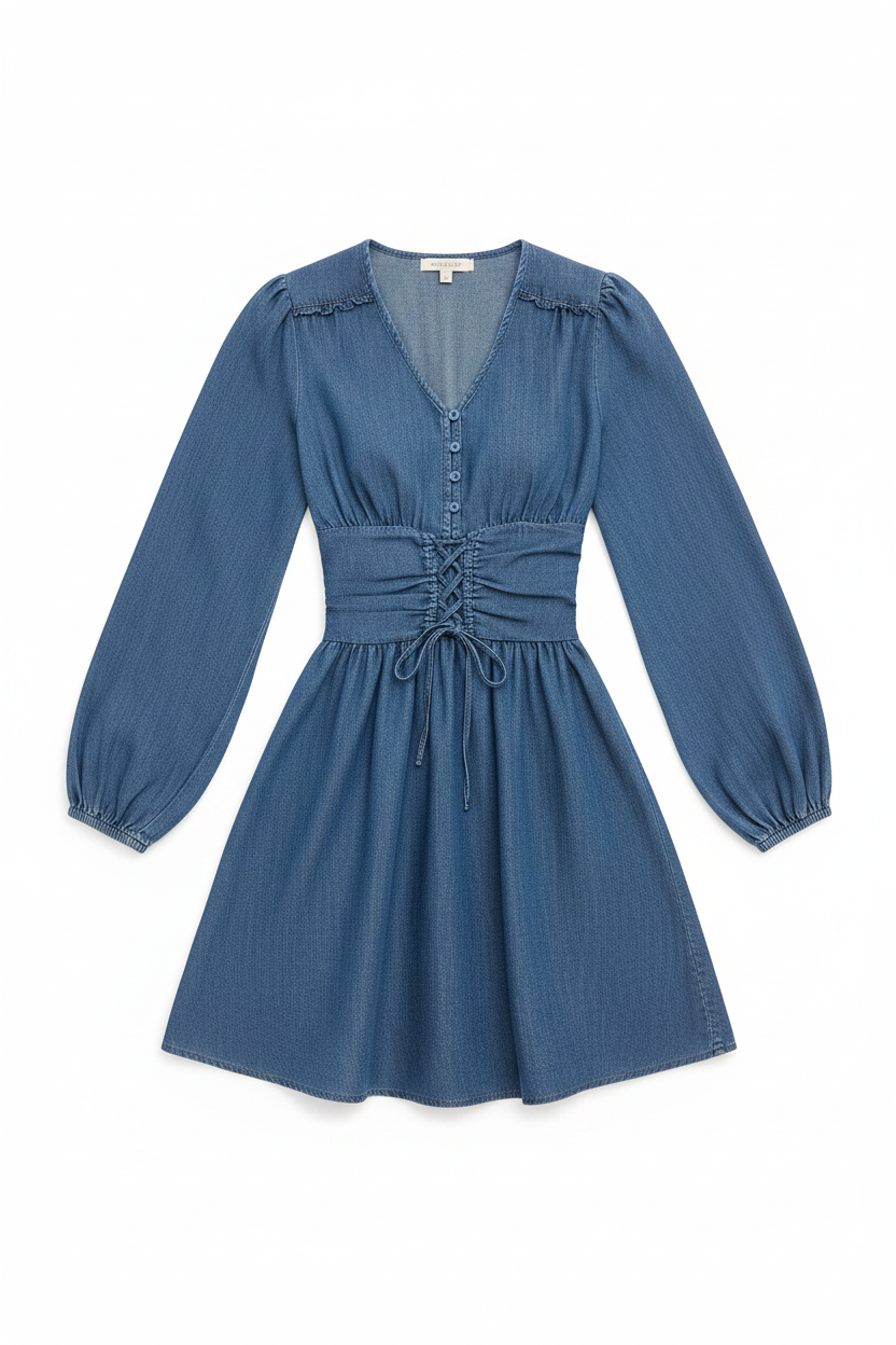 Peplum Lace Up Dress in Denim Blue