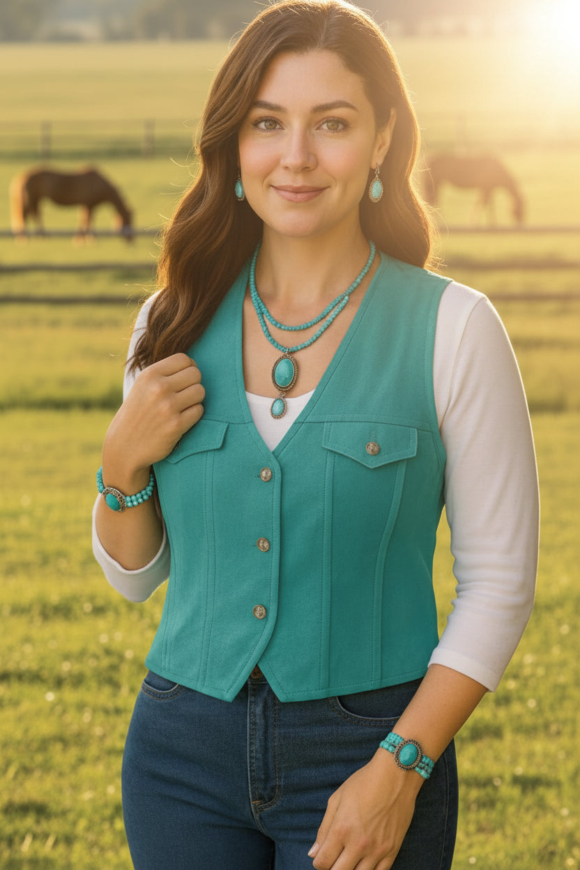 Woman wearing a teal vest and jewelry in a field with horses in the background