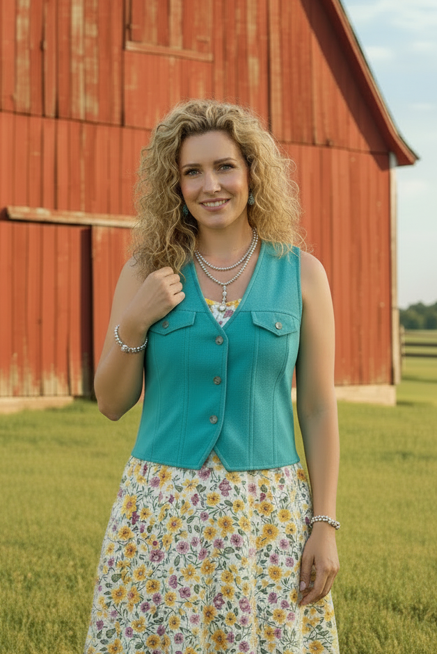 Woman standing in front of a red barn on a sunny day