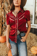 Burgundy Satin Contrast Arrow Pearl Snap Puff Sleeve Top