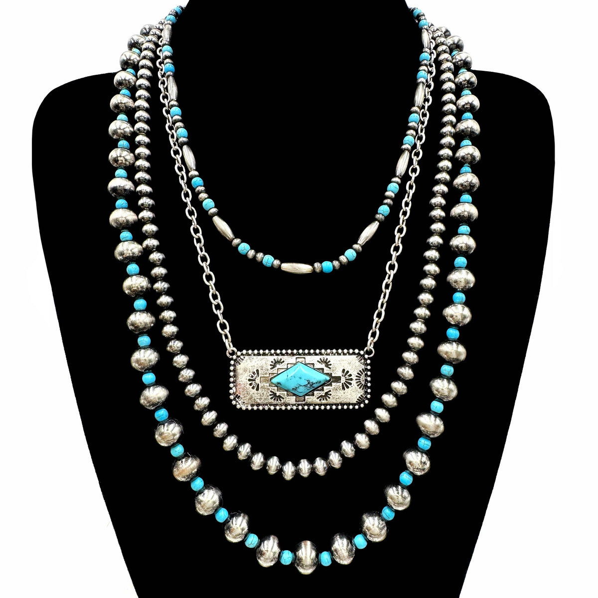 Southwestern Bar Pendant Western Layered Beads Necklace