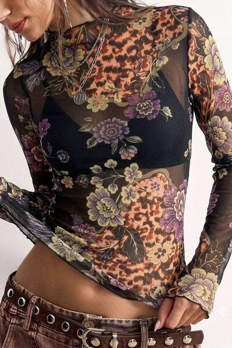 Mesh Floral and Leopard Mock Neck Blouse