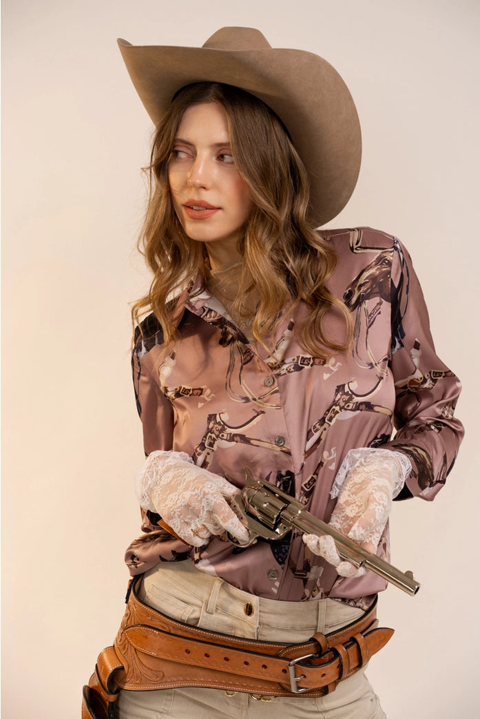 Satin Western Vintage Print Shirt
