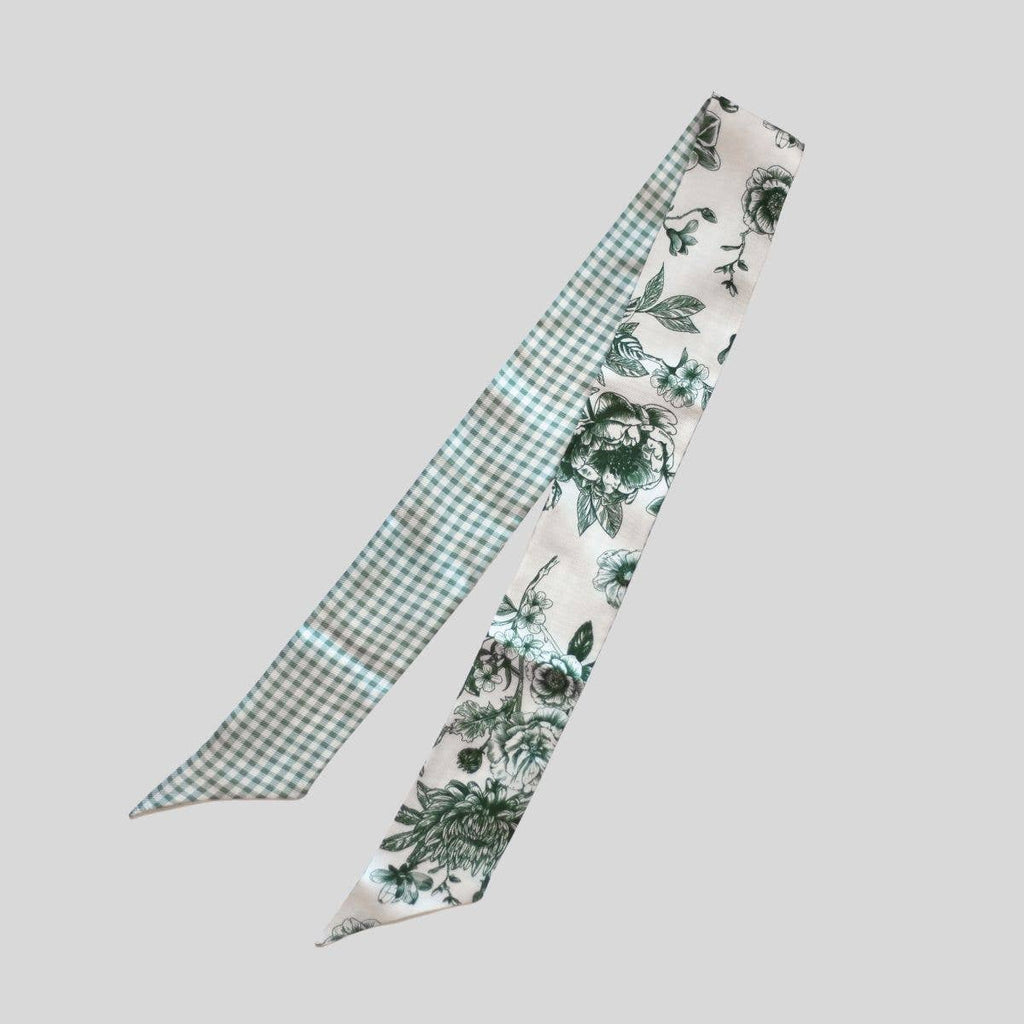 Sage Moss Floral Gingham Silk Twilly Scarf