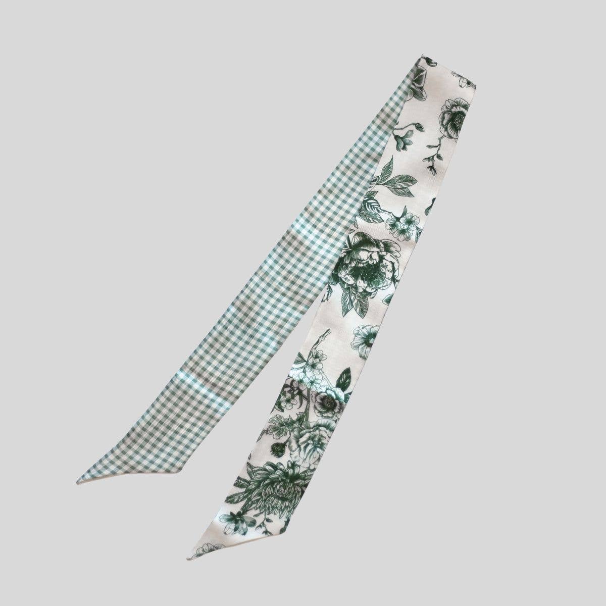 Sage Moss Floral Gingham Silk Twilly Scarf