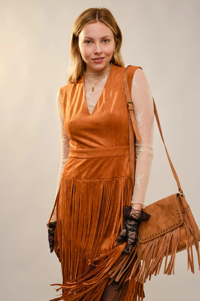 Suede V-Neck Fringe Tiered Dress