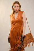 Suede V-Neck Fringe Tiered Dress