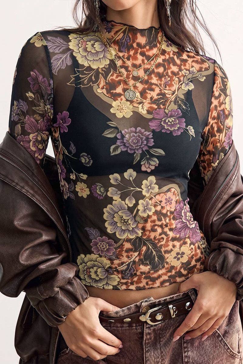 Mesh Floral and Leopard Mock Neck Blouse