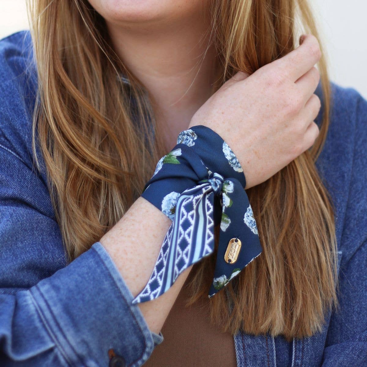 Navy Aztec Floral Silk Twilly Scarf