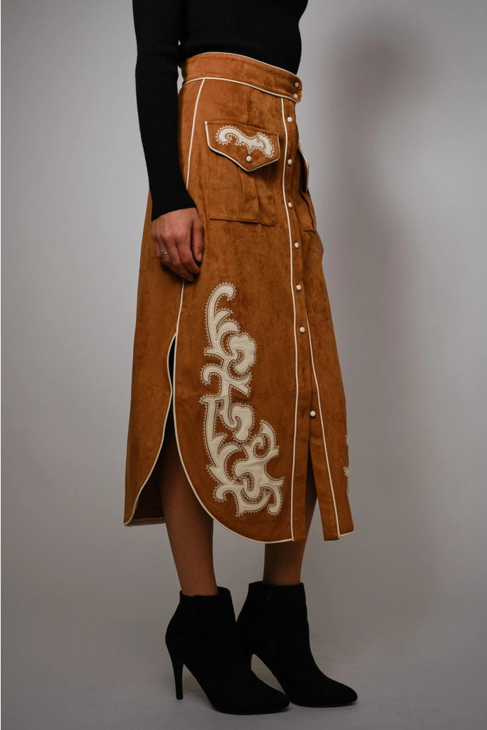 Suede Embroidered Patch Midi Skirt