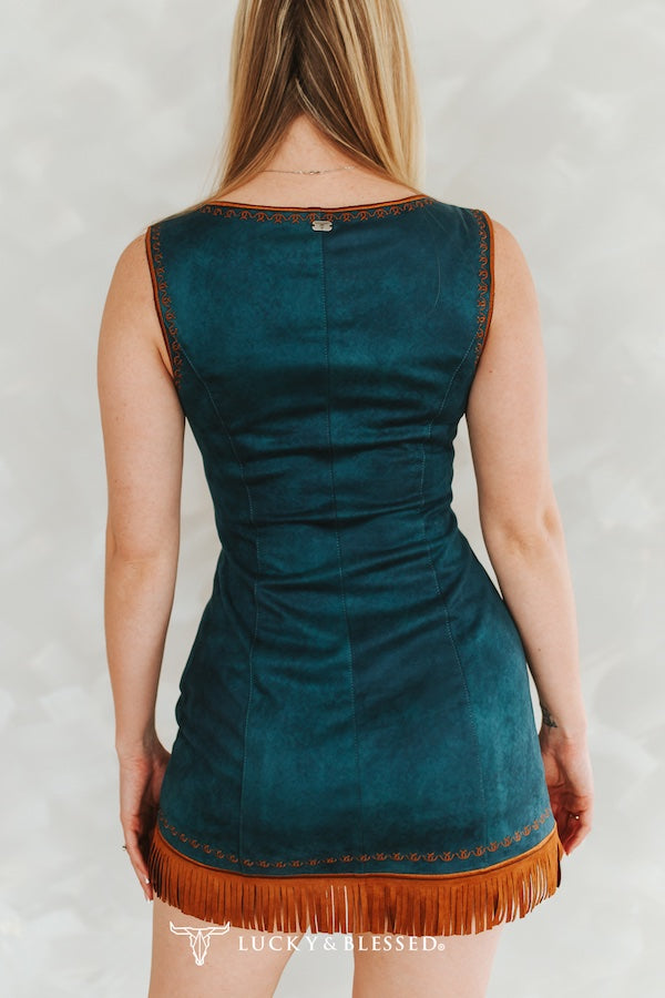 Teal Stretch Suede Contrast Embroidered Fringe Hem Dress