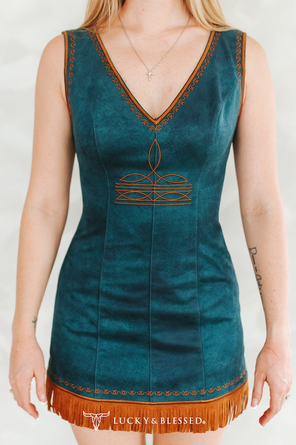 Teal Stretch Suede Contrast Embroidered Fringe Hem Dress