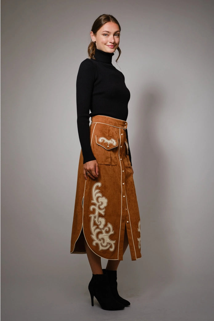 Suede Embroidered Patch Midi Skirt